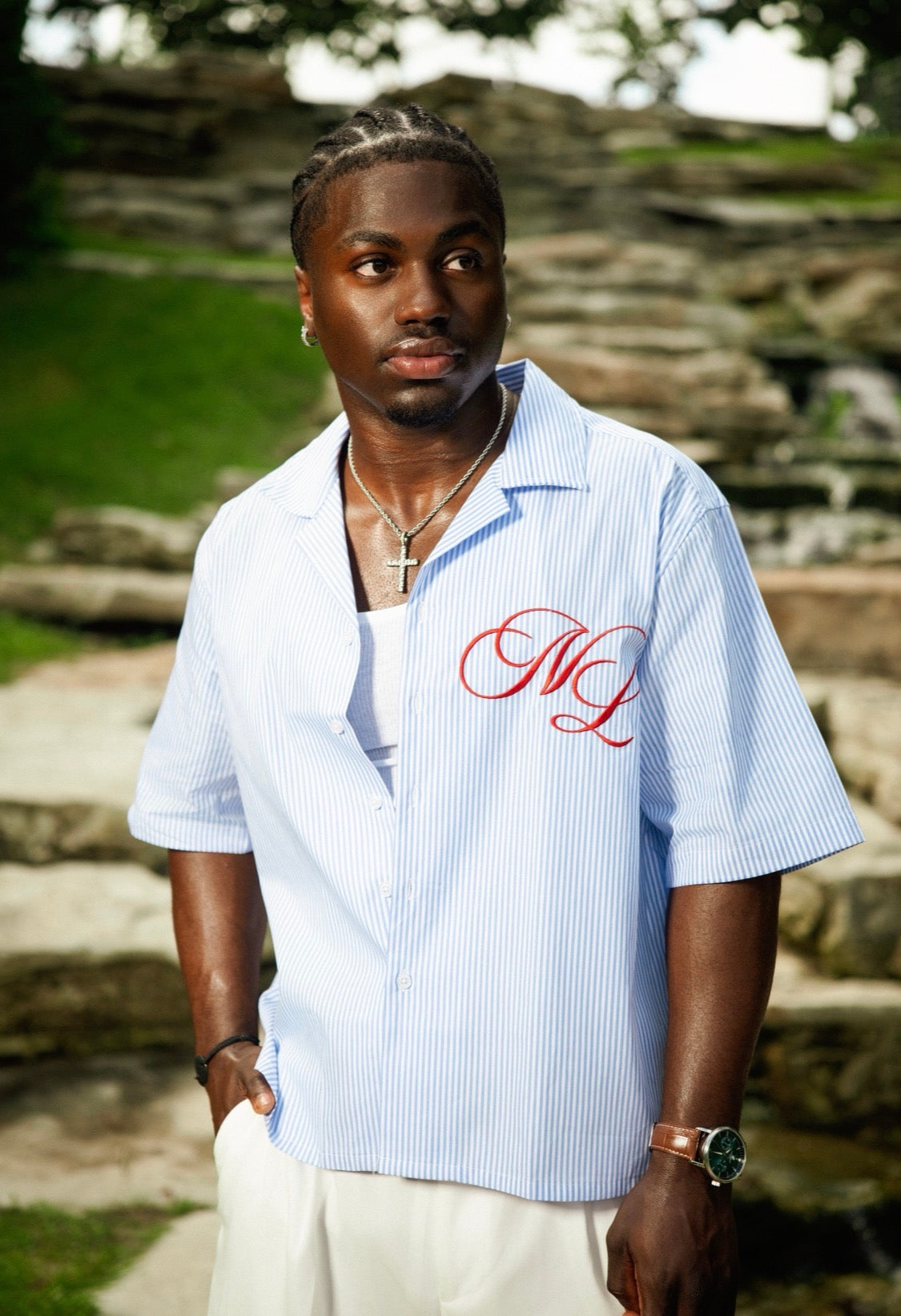 Cuban Collar Button Up (Light Blue Pinstripe)