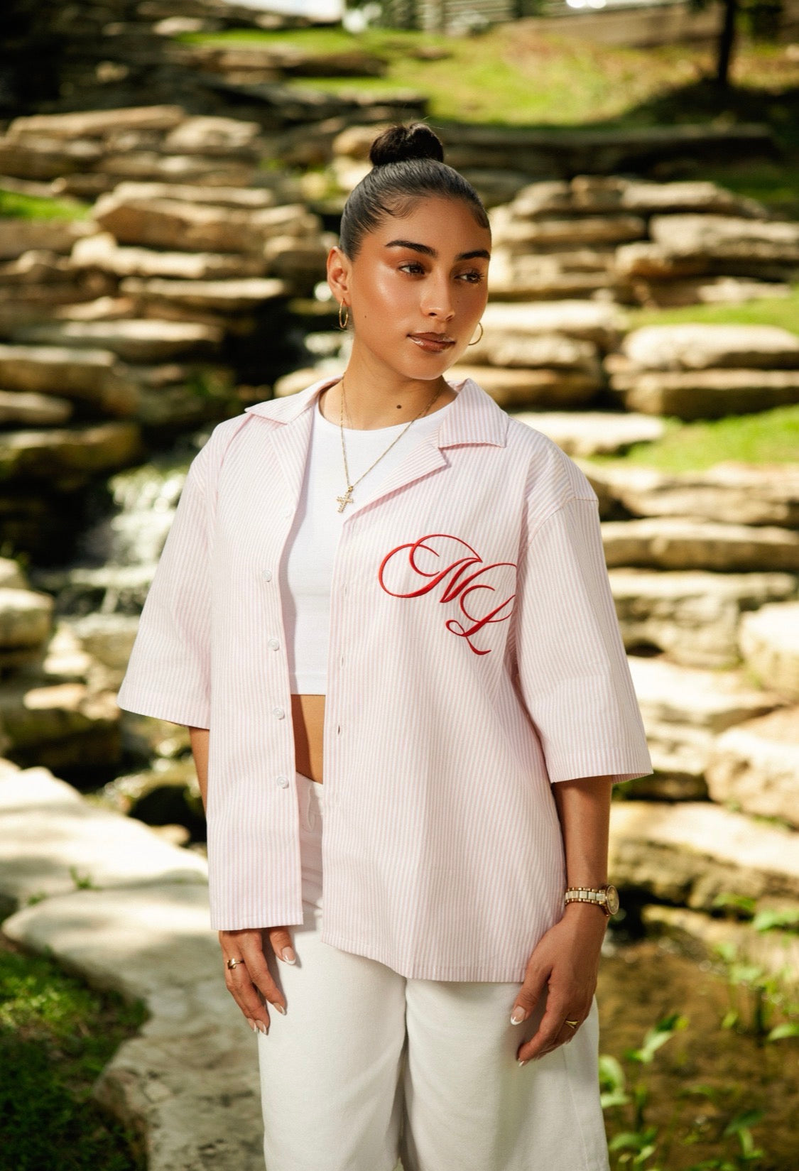 Cuban Collar Button Up (Soft Pink Pinstripe)